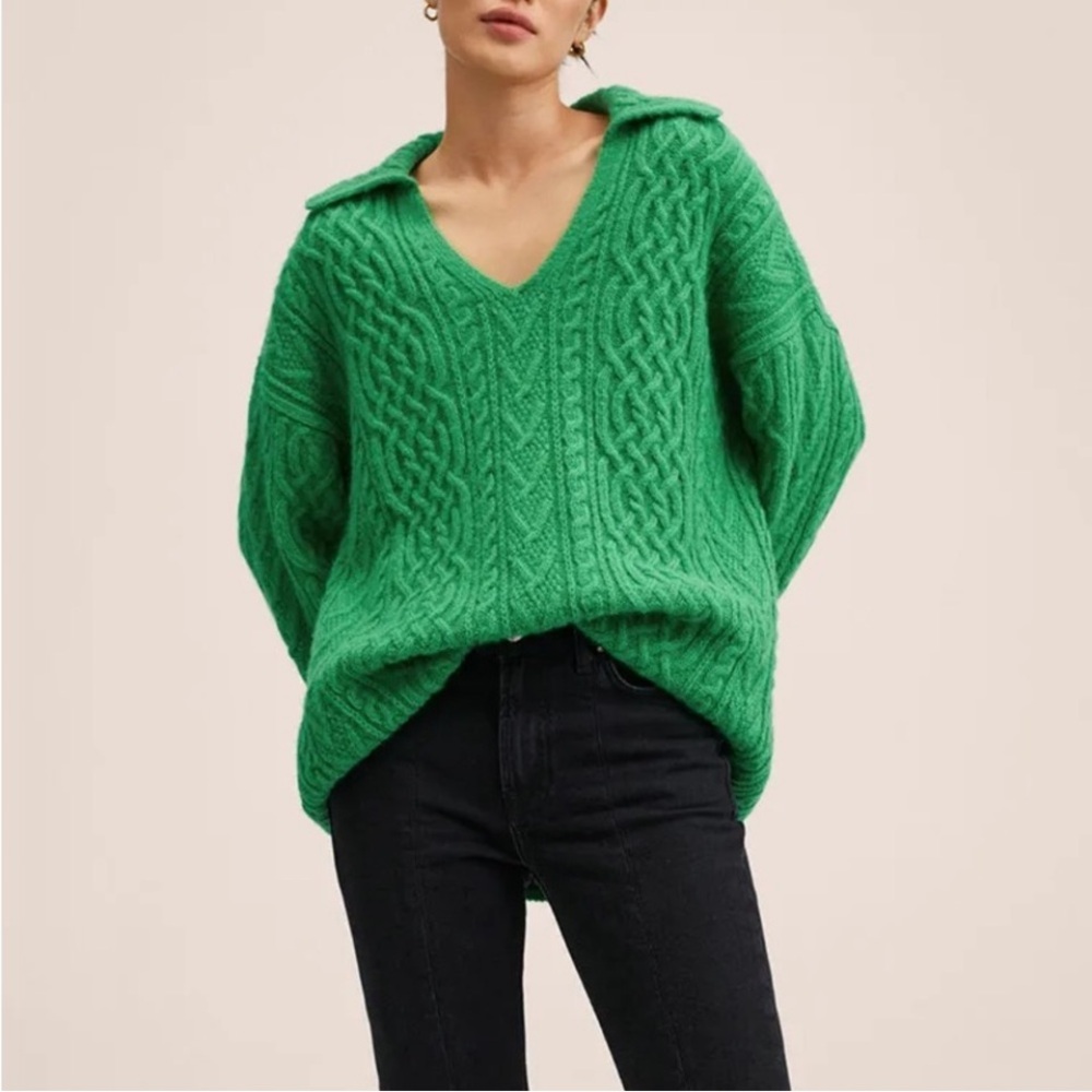 J Jill Green Meadow Cable Knit Collared Sweater Chunky Drop Shoulder Size Small